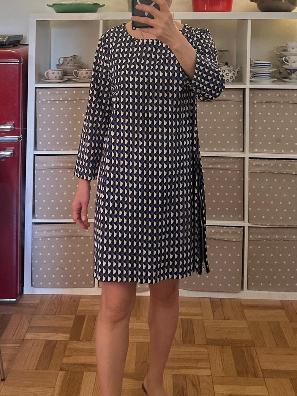 J. Crew Navy and White Geometric Long-Sleeve Shift Dress